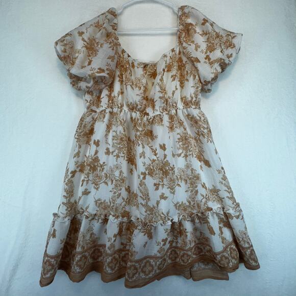 Bell Pepper Women's Floral Short Sleeve Dress Size XL Cream Brown Cottagecore - Picture 2 of 9